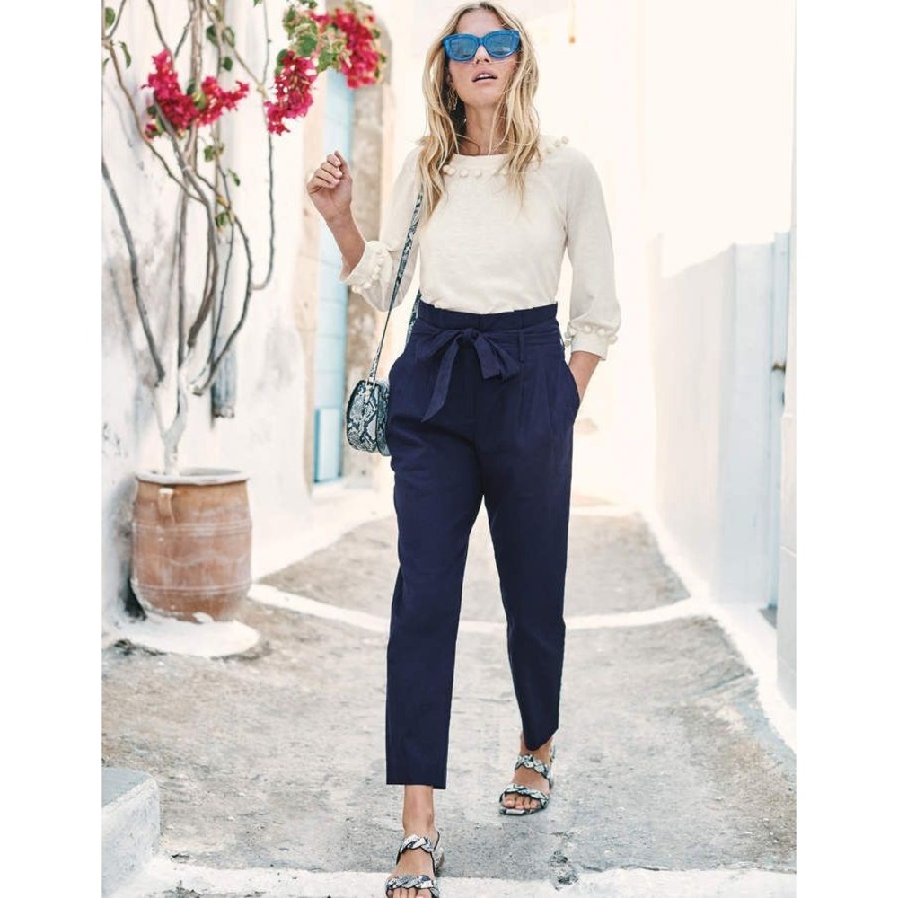 Boden St Ives Paper Belted Bag Pants Size 8 Navy Blue Linen Cotton